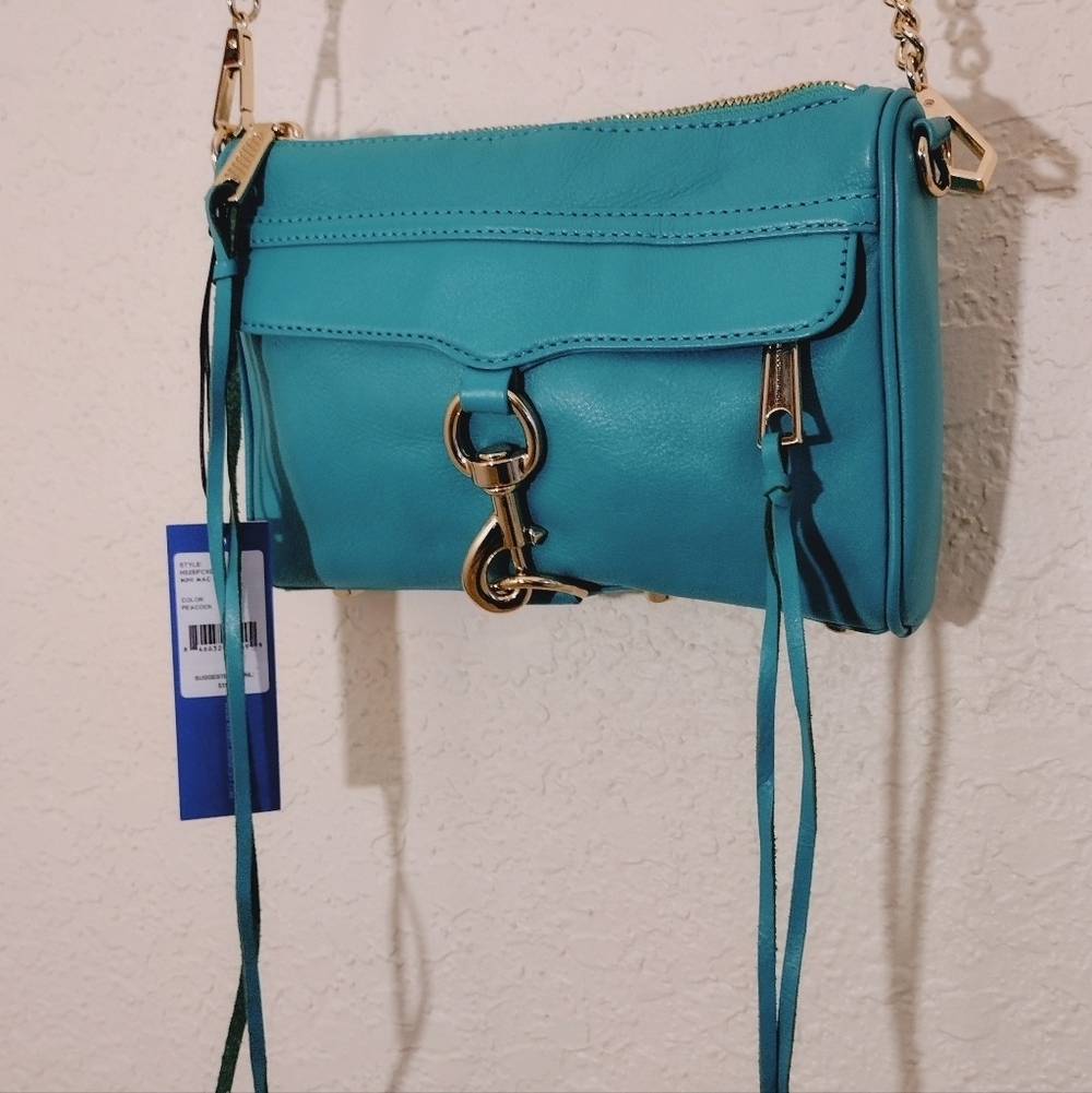 Rebecca Minkoff Mini MAC Aqua Teal Leather Crossbody Bag Chain Strap Tassel Bag - Picture 5 of 17